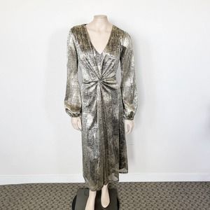 [Monsoon] Gold Shimmer Metallic Knot Front V-Neck Long Sleeve Midi Dress NWT
